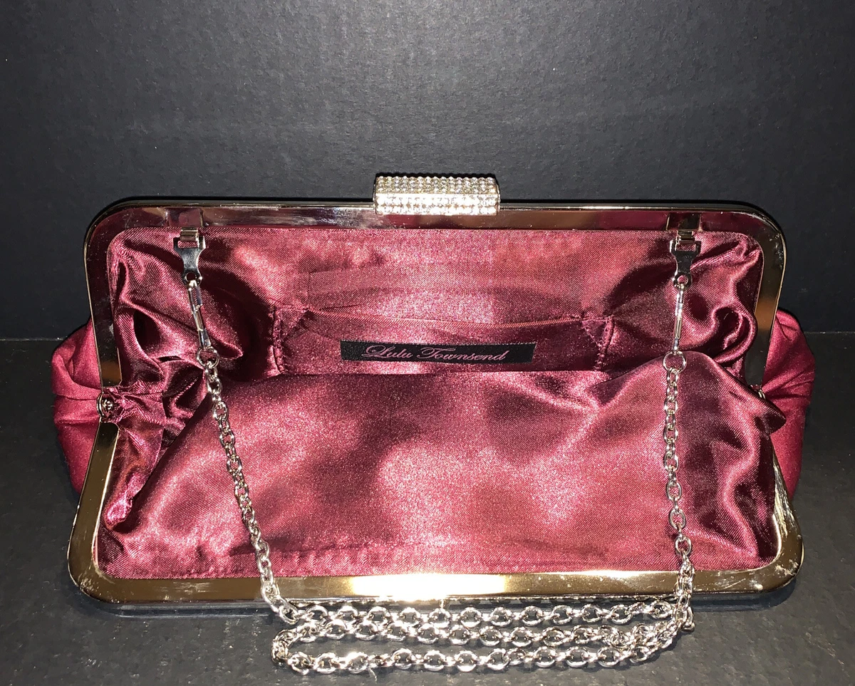 Lulu Townsend Clutch Purse Maroon Satin Rhinestone Latch with
