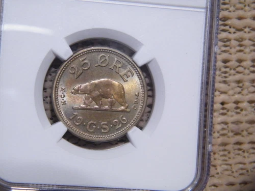 NGC MS64 1926 HCN GJ Greenland 25 0re No Hole RARE coa44