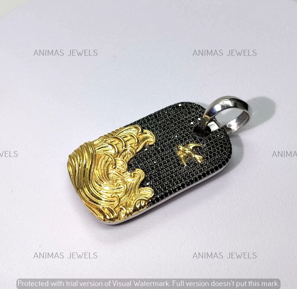 Мужской кулон жетон для собаки 2,20 карата созданный в лаборатории черный бриллиант 14 карат двухцветное золотое покрытие - Изображение 2 из 4