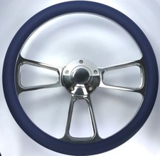 14 Polished Billet 5 Hole Steering Wheel Royal Blue Half Wrap And Horn Button