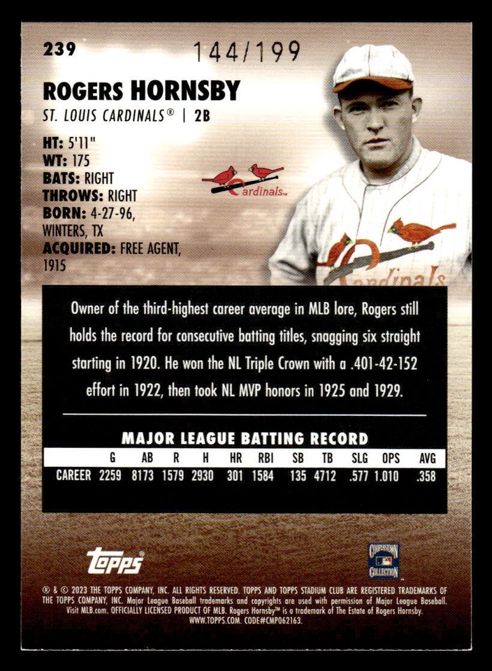 Rogers Hornsby 2023 Stadium Club Orange Foil 144/199 #239 - Image 2 of 2