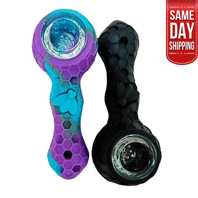 Buy Black Get Free Blue-Purple Silicone Pipe in Honeycomb Shape with Glass Bowl