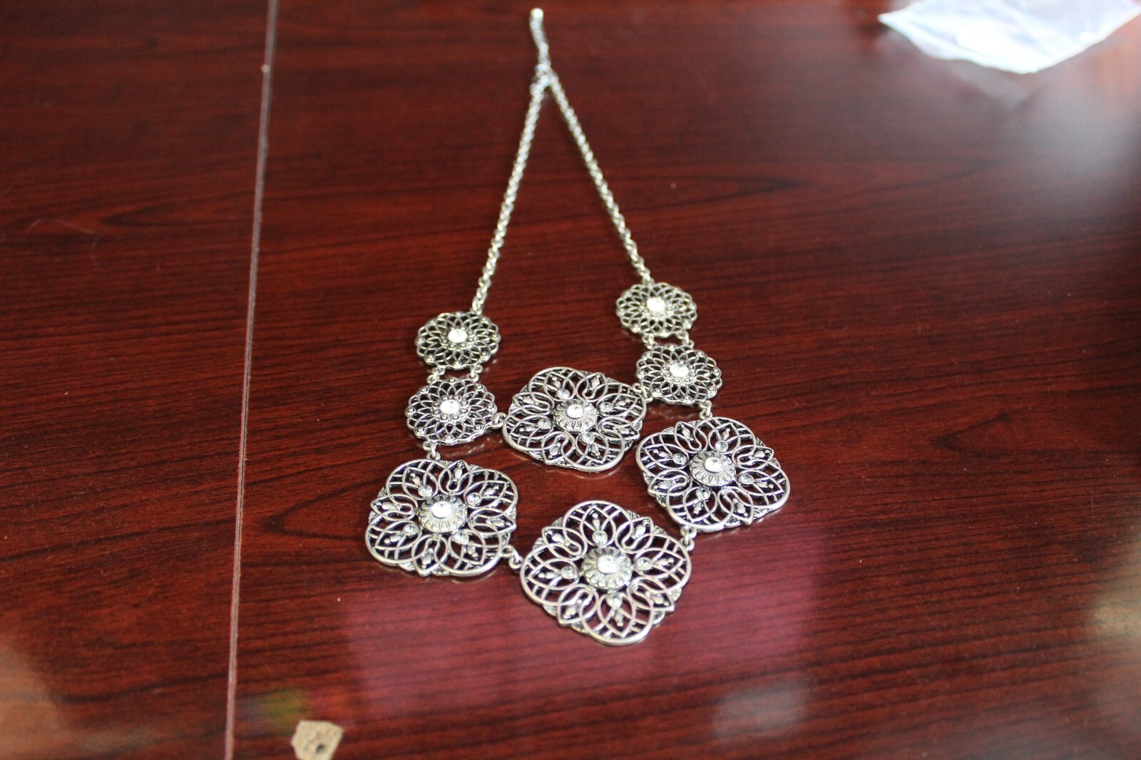 Silver Colored Circular Flower Chain Necklace - image 1