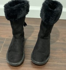 Kids Girls Black Winter Boots Faux Fur Side Zipper Zig Zag Straps on Back Sz 12