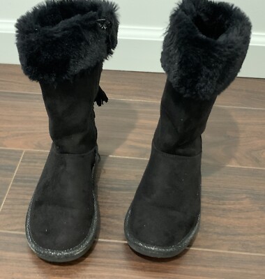 Kids Girls Black Winter Boots Faux Fur Side Zipper Zig Zag Straps on Back  Sz 12