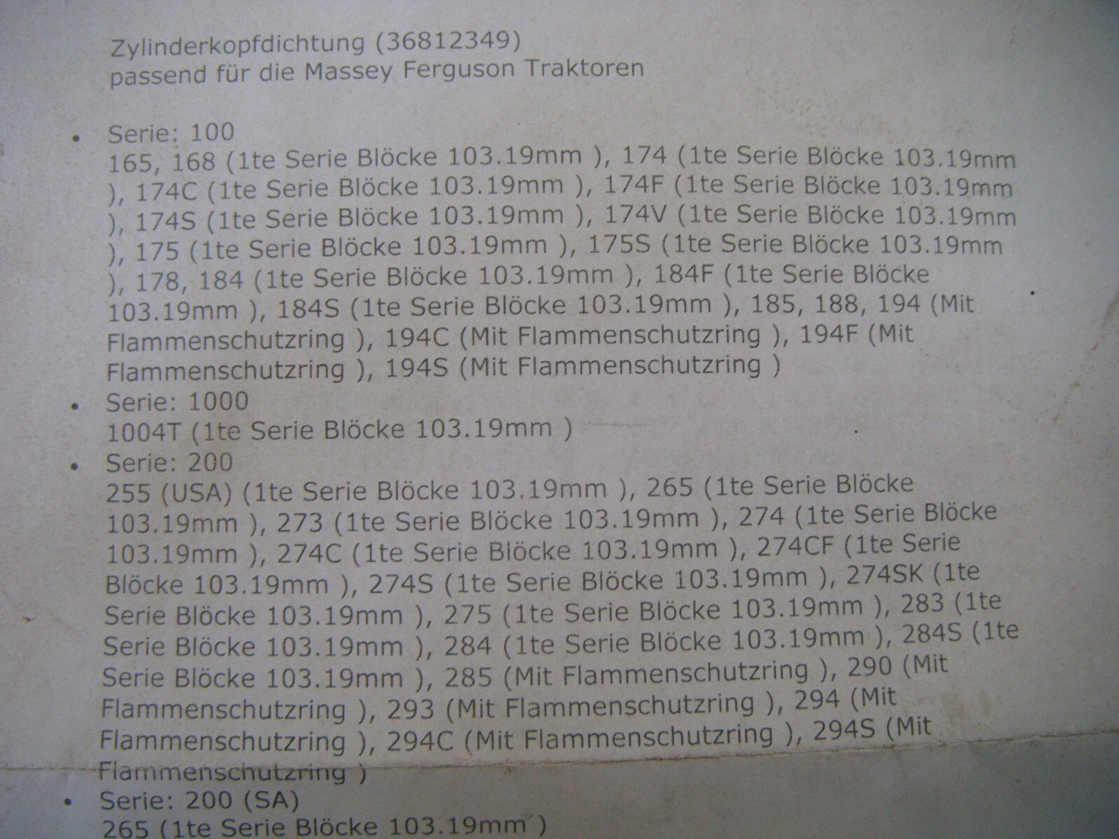 Zylinderkopfdichtung 36812349 MF Serien 100 200 500 600 A4 Perkins ...