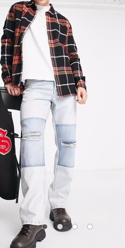 Topman Jeans Mens 36x32 Baggy Patch Rip Jeans Light Blue Button Fly NWOT - Picture 2 of 8