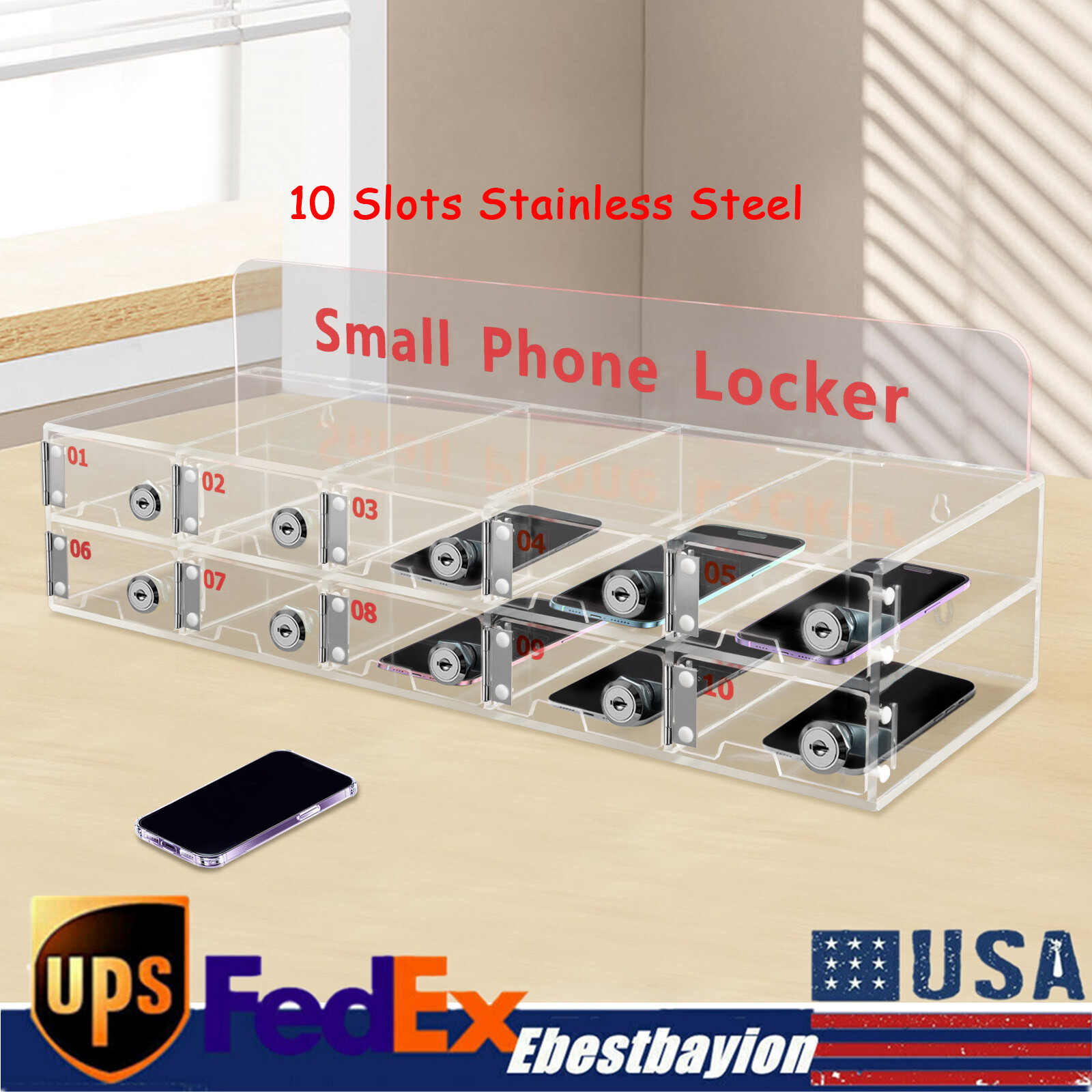 10 Slots Cell Phone Locker Box Transparent Acrylic Storage Box W/Locks TOP
