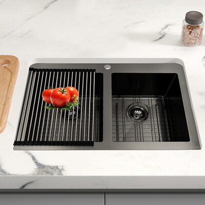 #ad #ad 33x22quot; Drop in Kitchen Sink Double Bowl Gunmetal Black Stainless Steel USA $228.94