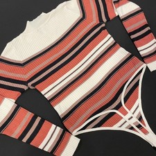Bodysuit XL Thong Stripe Knit Mock Turtleneck Long Sleeve Snaps Brown Cream