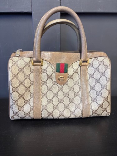 Gucci Vintage GG Sherry Mini Boston Handbag Brown PVC Leather Used Gold Hardware