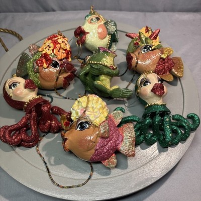 Set Of 7 KATHERINE S Collection KISSING FISH Ornaments 4 Fish, 2 Octopus, 1 Frog