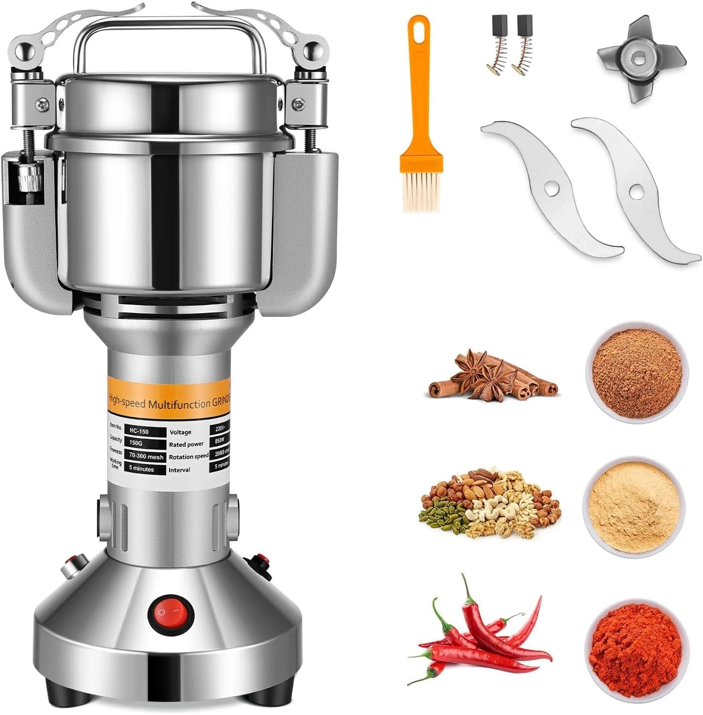 Grain Mill Spice Grinder Stainless Steel High Speed Electric with 3 150g