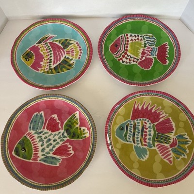 Pier 1 Imports Melamine Fish Salad Plates 8.5 inch Nautical Ocean Sea life Set 4