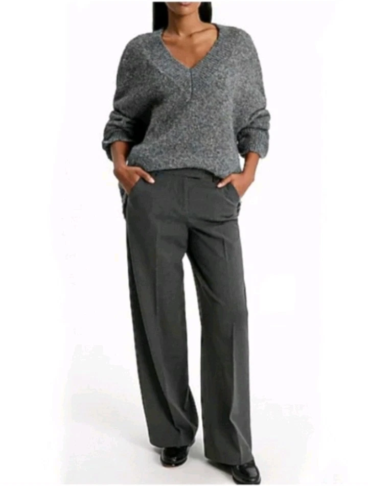 New Express Editor Womens Wide Flare Leg Dress Trouser Pants in Charcoal Gray