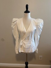 Jason Wu White Wrap Blouse With Puff Sleeves & Tie Waist - Size S