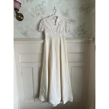 Vintage 60s Ivory Lace Raw Silk Wedding Gown Maxi Dress Empire Waist XS