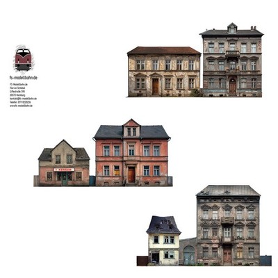 Model Railway Background Set of 3 Small Town Buildings with Retail Track H0 1:87