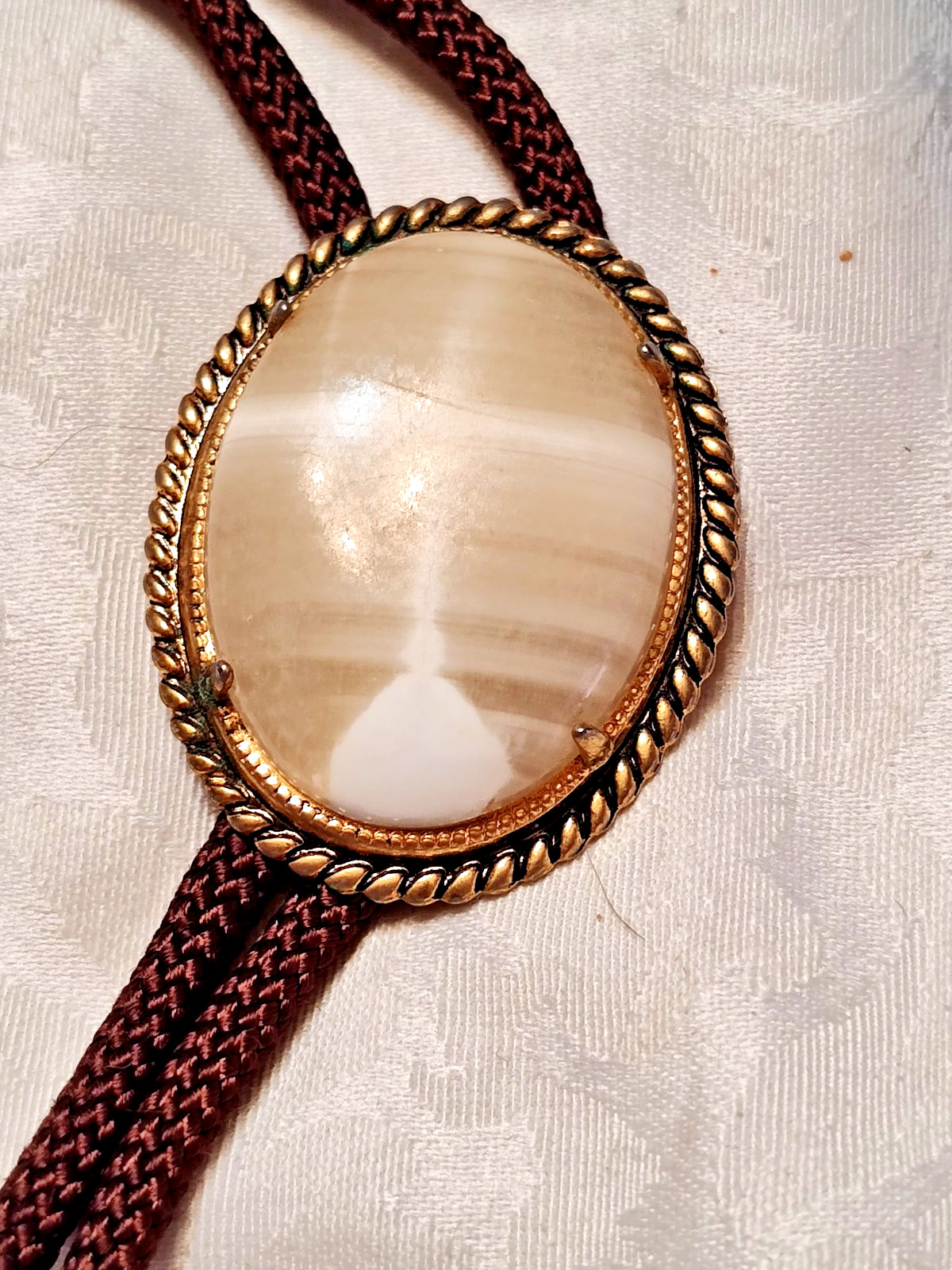 VTG Western Bolo Tie 2" Quartz Stone in Gold Toned Frame Cloth Cord Metal Tips