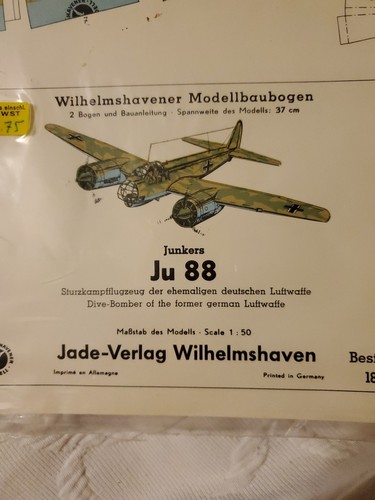 Wilhelmshavener Modellbaubogen Junkers JU 88 Paper Model Vintage New - Picture 3 of 3