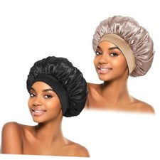 2Pcs Silk Bonnet for Sleeping, Satin Hair Bonnets, Soft Elastic Black/Gold