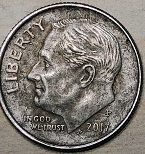 2017 P Roosevelt Dime Obverse and Reverse Dark Patina Toning 2.2 Grams