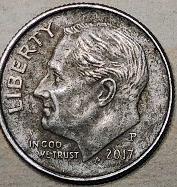 2017 P Roosevelt Dime Obverse and Reverse Dark Patina Toning 2.2 Grams