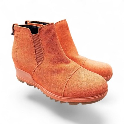 Sorel Evie Wedge Bootie Orange Womens 8 Waterproof Suede Rain Boot NL4910