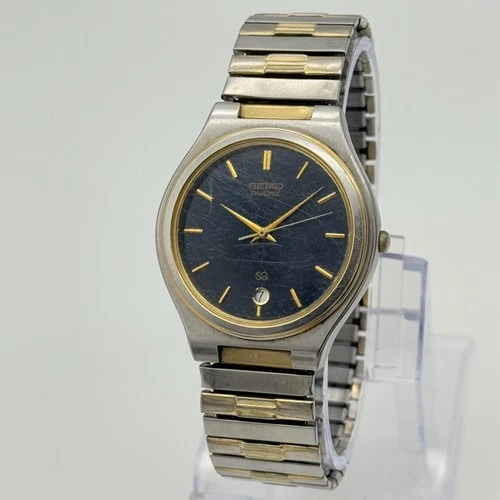Vintage Men's SEIKO Two-Tone Classic Bracelet Watch 36mm Drk Blue Dial 5Y22-7039