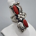 Vintage ESPERANZA MEXICO Sterling Silver Red Coral Squash Blossom Ring sz7 Adj