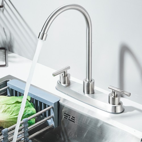 Brushed Nickel 8 inch Centerset Kitchen Faucet 3 Hole 2 Handle Swivel Sink Mixer - Picture 5 of 12