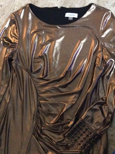 Calvin Klein Women's Sz 12 Copper Metallic long Sleeve Shimmer Mini Dress ruched - Picture 7 of 11