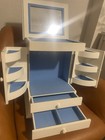 White Wood Jewelry Box w/ Mirror, Lined Blue Velvet Interior, 11 in, 25+ Pieces — photo 5