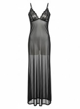 Silky Black Sheer Lace Maxi Gown Slip Dress M Fairycore Dark Romantic Whimsigoth