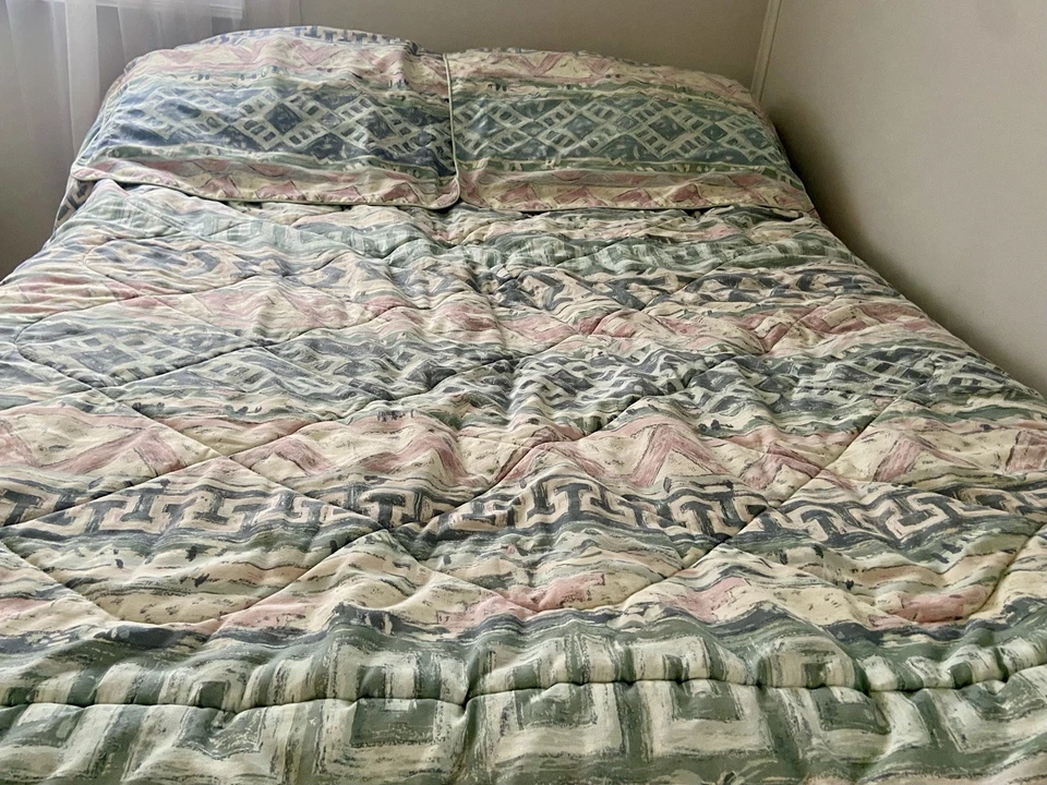 JCPenney De Colección Años 90 Edredón Almohada Fundas Azul Verde Geométrico 84x81 Foto 2 de 4