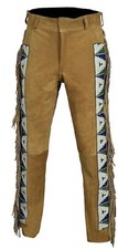 Men's Native American Genuine Suede Leather Pants Sioux Beads Fringe