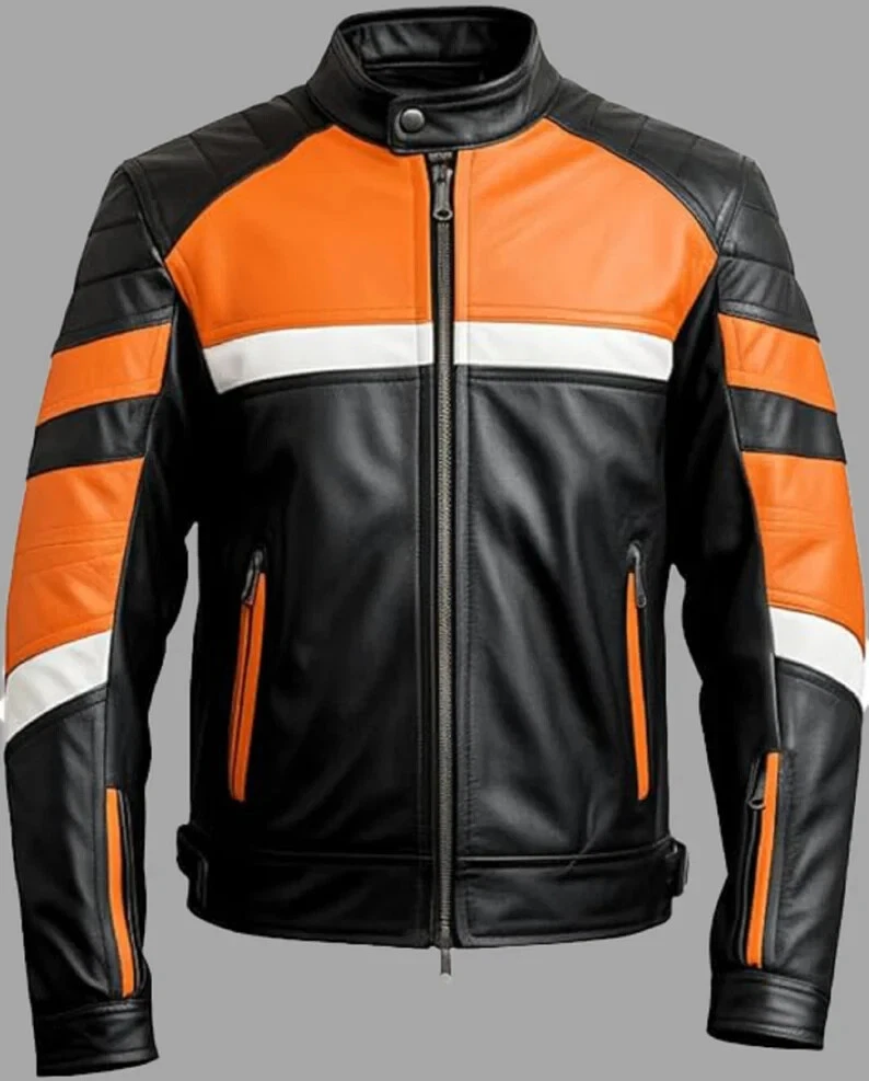 Handmade Black Leather Biker Jacket/ Custom Orange Black Motorbike Jacket For Me
