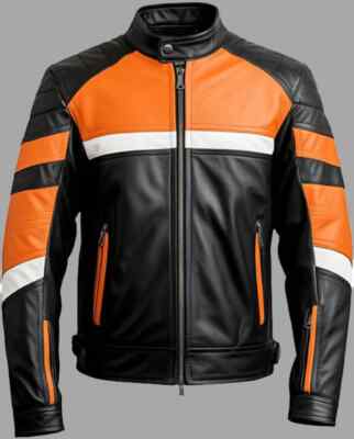 Handmade Black Leather Biker Jacket/ Custom Orange Black Motorbike Jacket For Me