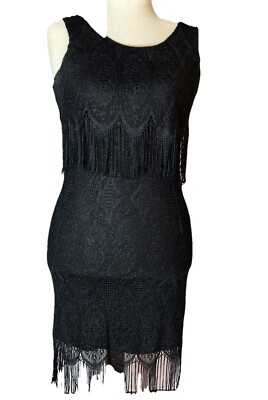 ONYX NITE By Wendy Chaitin Sparkly Lace with Fringe Dress BLACK Size 6 |  eBay