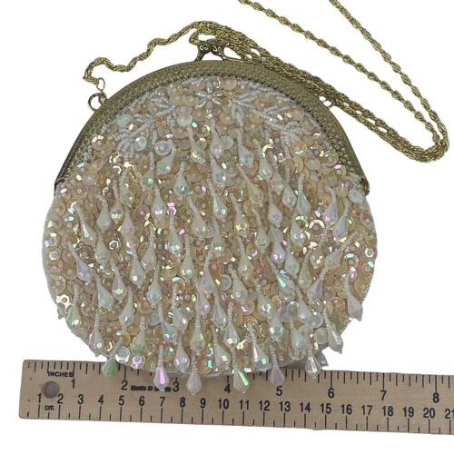 Vintage Iridescent Teardrop Beaded Shoulder/Crossbody Bag Golden Crown 6.5 in - Picture 9 of 12