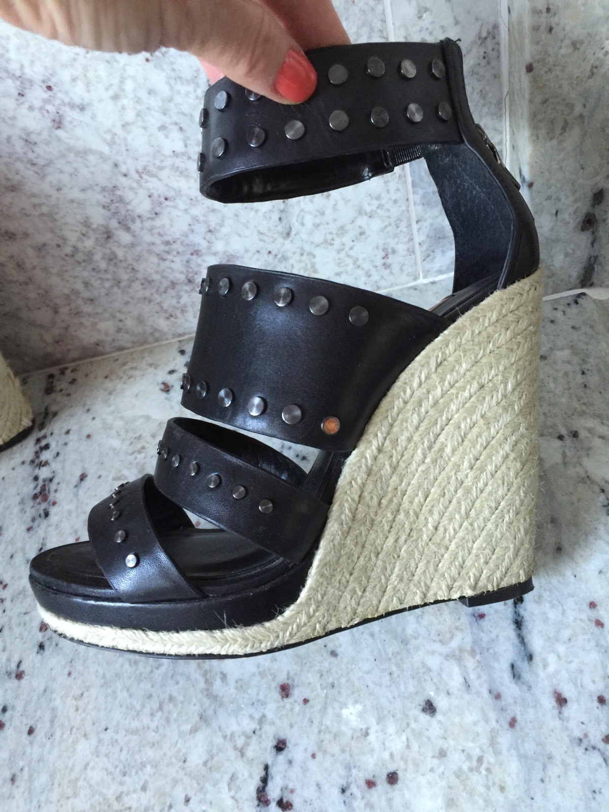 BCBGMAXAZRIA Black Studded Leather Wedge Heels 5.5 Inch-image