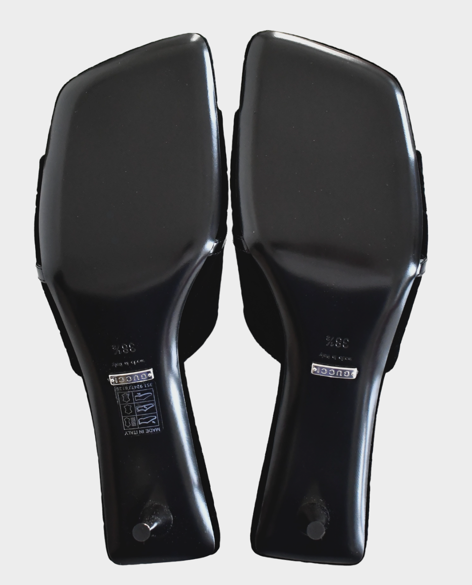 🆕️GUCCI Black VELVET GG Pattern LEATHER BOW SLIDE Sandals Mules
