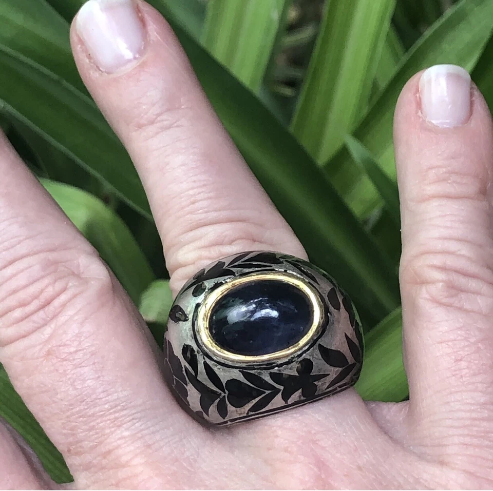 Anillo MUGHAL MOGUL meenakari GRANDE esmalte plata oro + piedra iolita azul Foto 2 de 4