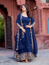 Unique Designer Faux Georgette Blue Gown And Bottom With Dupatta For Reception