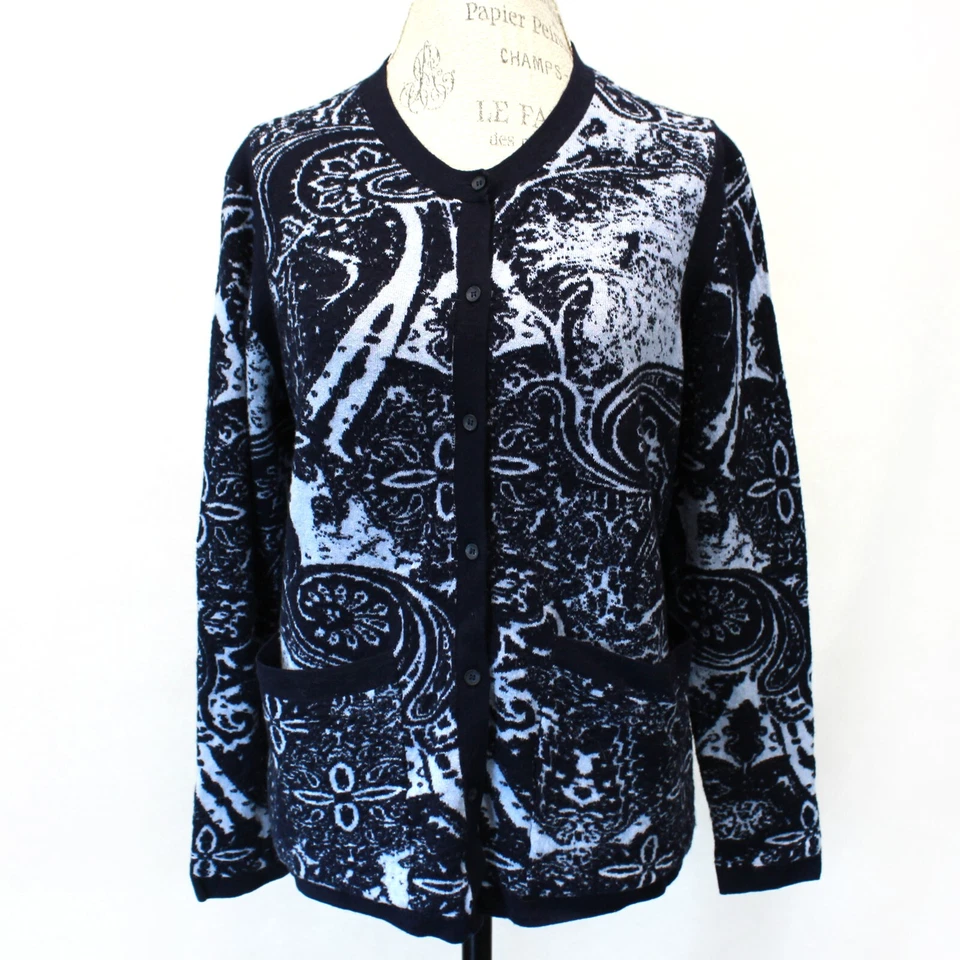 Cardigã suéter feminino Basler lã viscose bolsos azuis botão paisley tamanho 44 - Imagem 2 de 4