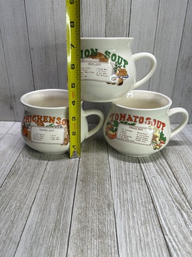 Vintage Soup Recipe Bowls Mugs Onion, Chicken, Tomato Boho Farmhouse - Set of 3 - Picture 8 of 9