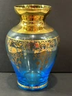 Vintage Vecchia Murano Italian Art Glass AQUA Blue Gold Gilt Vase 4” Tall