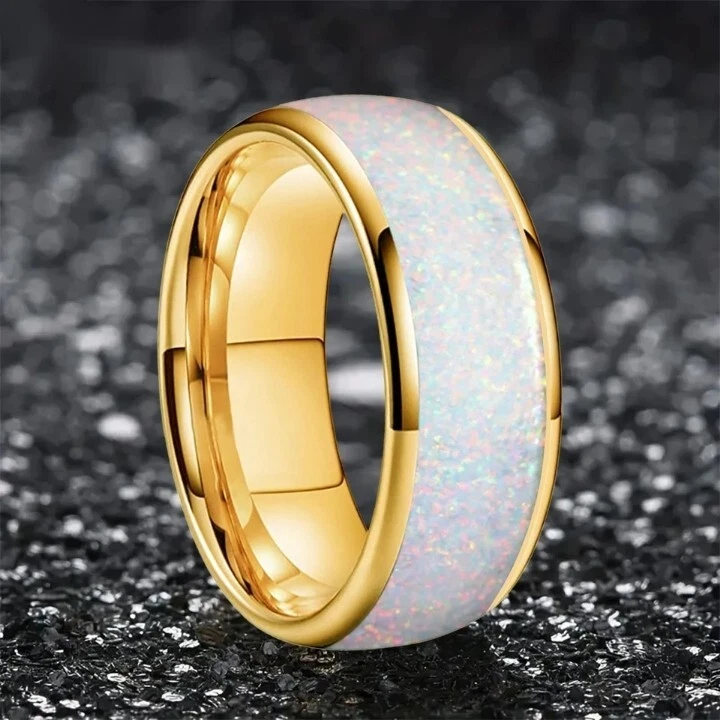 8MM Tungsten Carbide Ring Band Dome Polished Pink Opal Inlay Men Women Ring - Image 3 of 4
