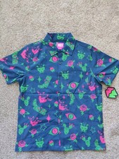 Meow Wolf Shirt Men's Size XS Blue Cat Rose Button Up Loop Collar Stretch