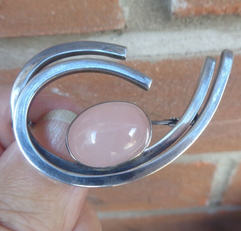 Vintage Finnish Silver Modernist Rose Quartz Brooch h/m 1960 Erik Granit Finland thumbnail 5